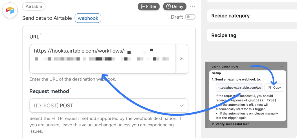 Automator webhook configuration form for Airtable integration. The user has copied the Airtable webhook URL and pasted it into the “URL” field in the Automator form.