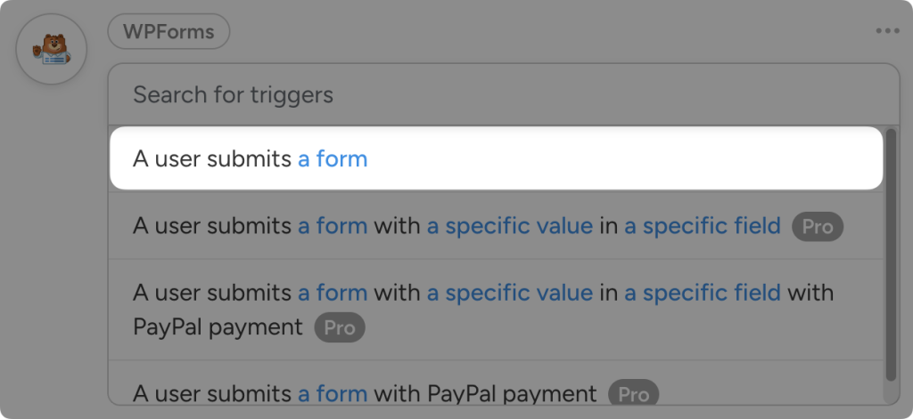 Uncanny Automator trigger dropdown list for WPForms. The user has highlighted the trigger “A user submits a form”.