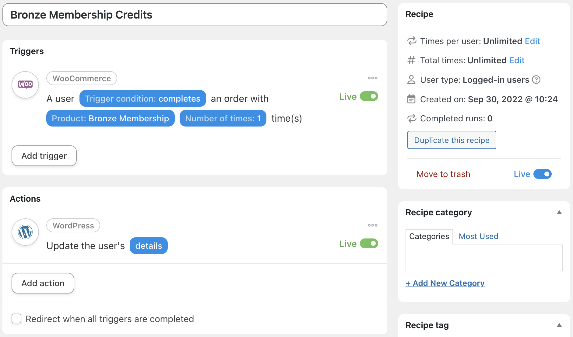 Automator WooCommerce Update User Meta Recipe