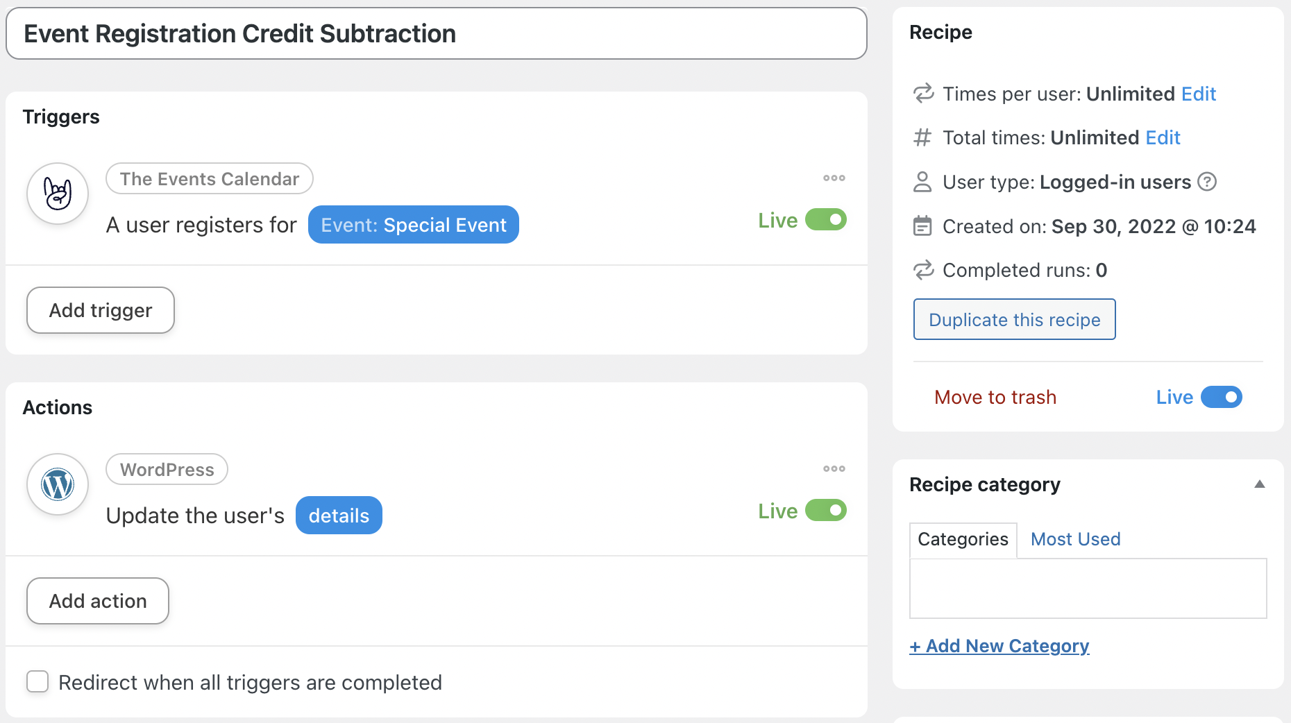 Automator The Events Calendar User Credits User Meta Subtraction Recipe