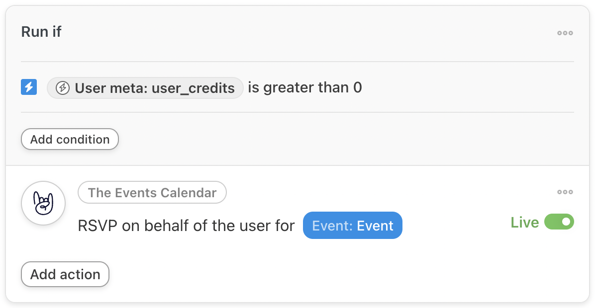 Automator The Events Calendar Actions Filter Run if the user meta user credits is greater than 0