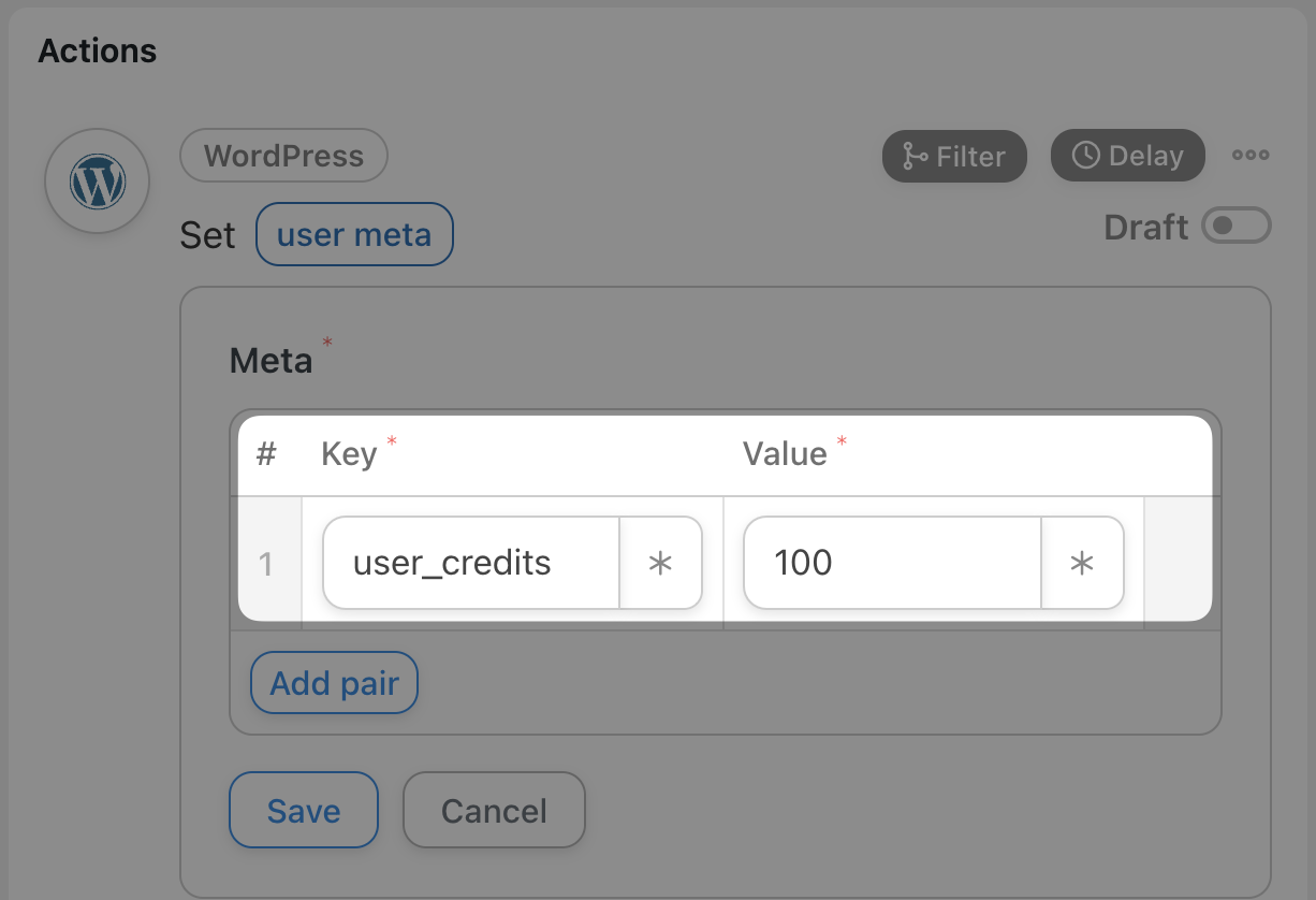 Automator WordPress Action Set user meta Meta field