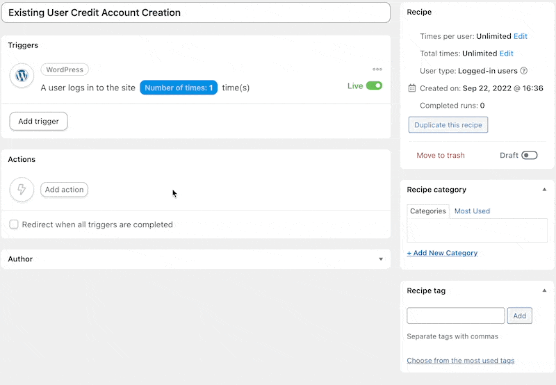Automator Existing User Credit Account Creation Recipe