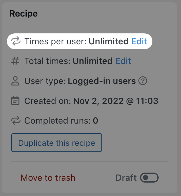 Automator Recipe Box Times per user Unlimited