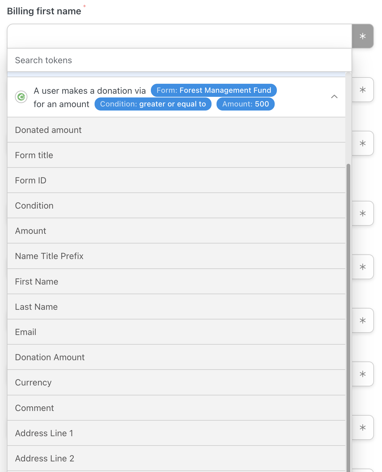 Automator WooCommerce Action Create an order with a product Billing tokens