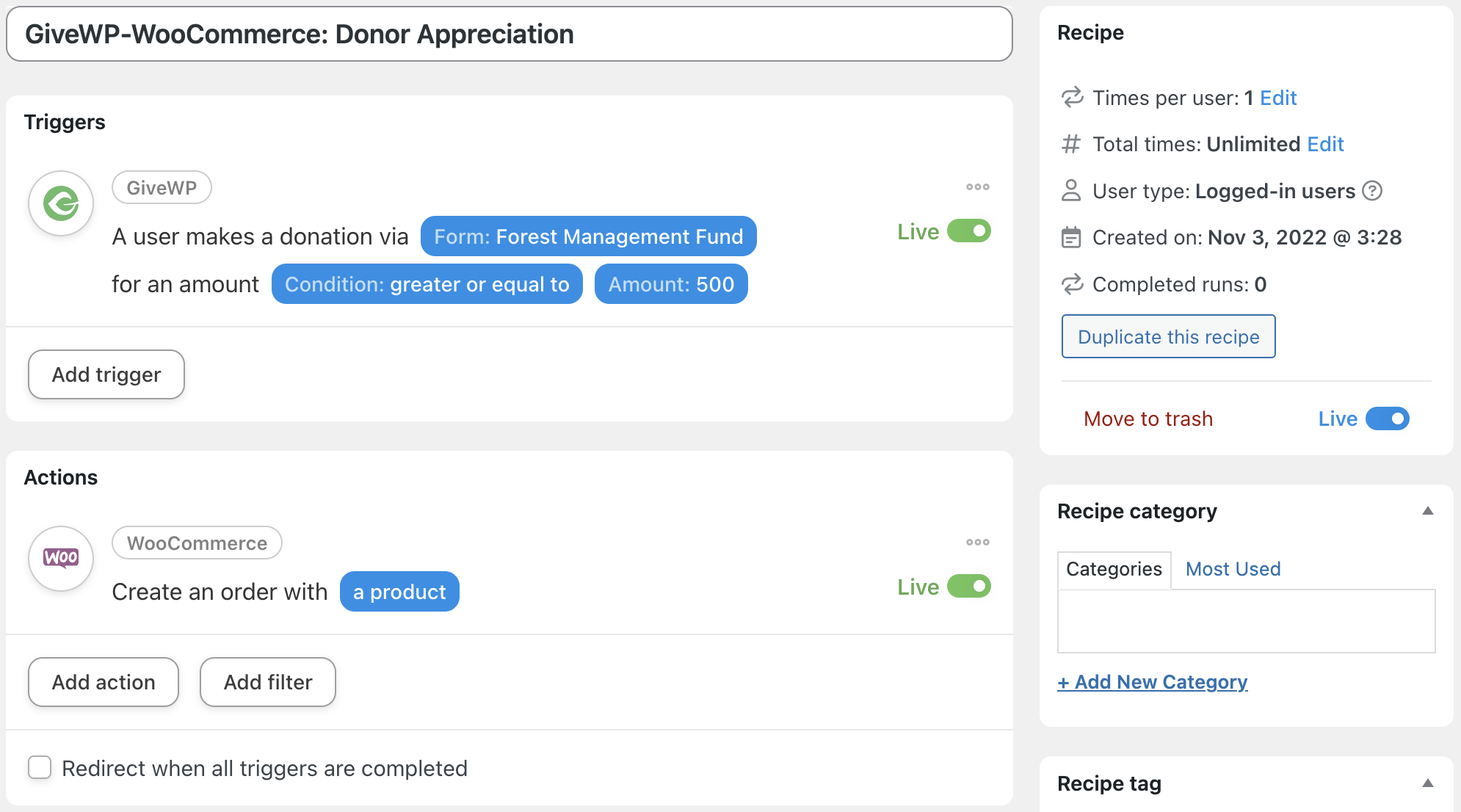 Automator GiveWP WooCommerce Recipe Live