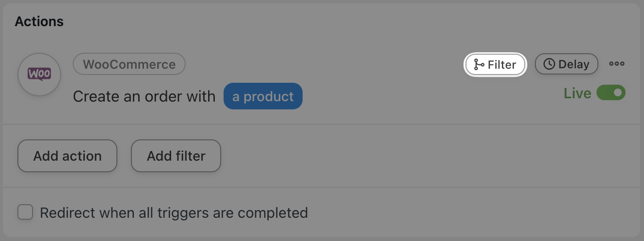 Automator WooCommerce Action Create an order with a product Filter