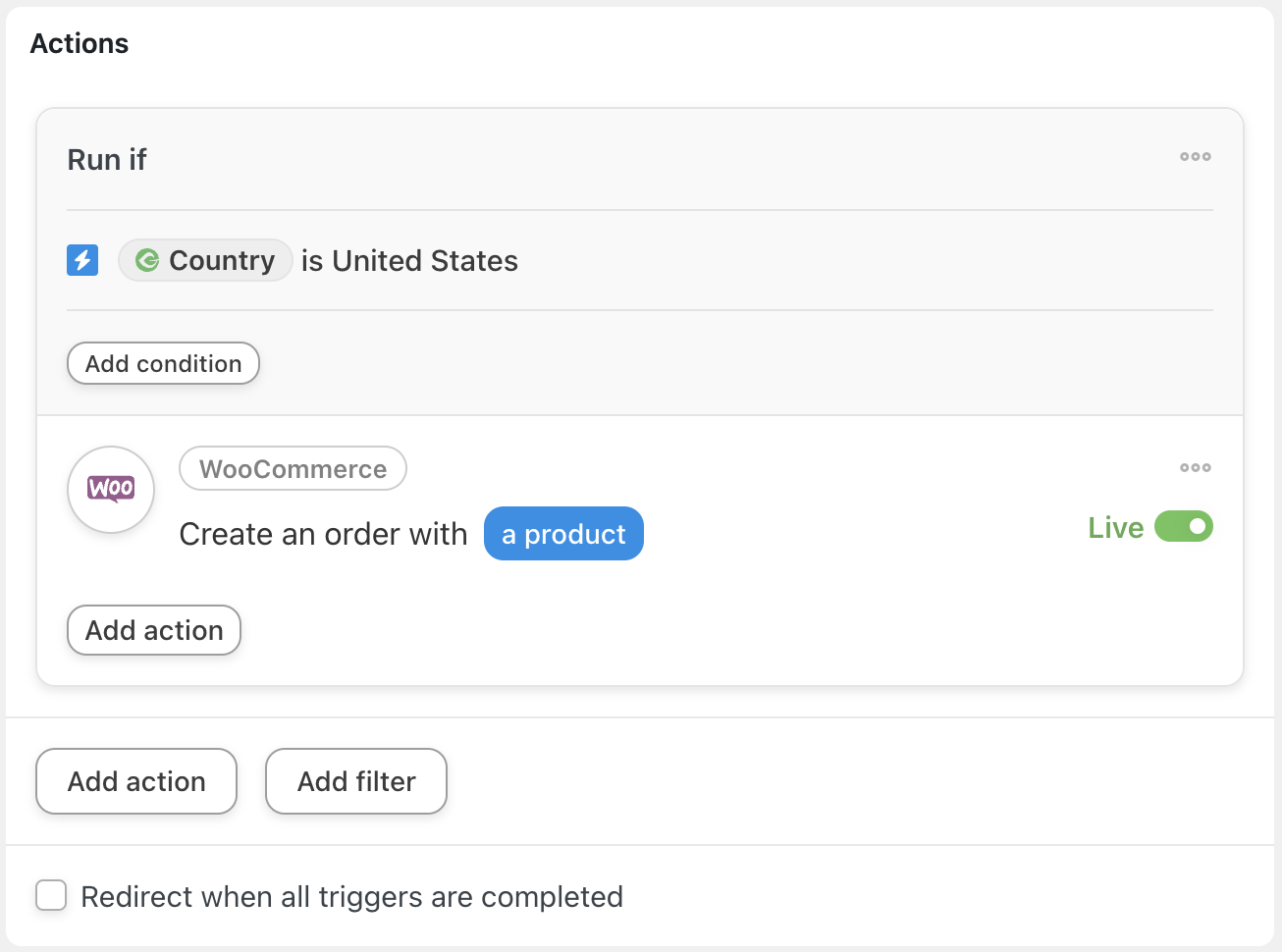 Automator WooCommerce Action Create an order with a product Filter Live