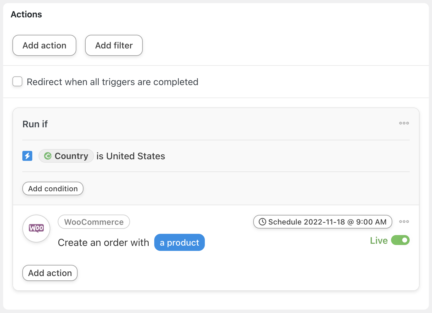 Automator WooCommerce Action Create an order with a product Filter and Delay Live