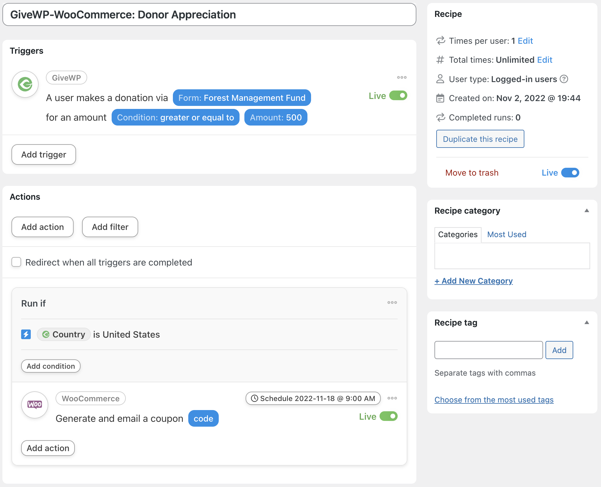 Automator GiveWP WooCommerce Recipe with Filters Live