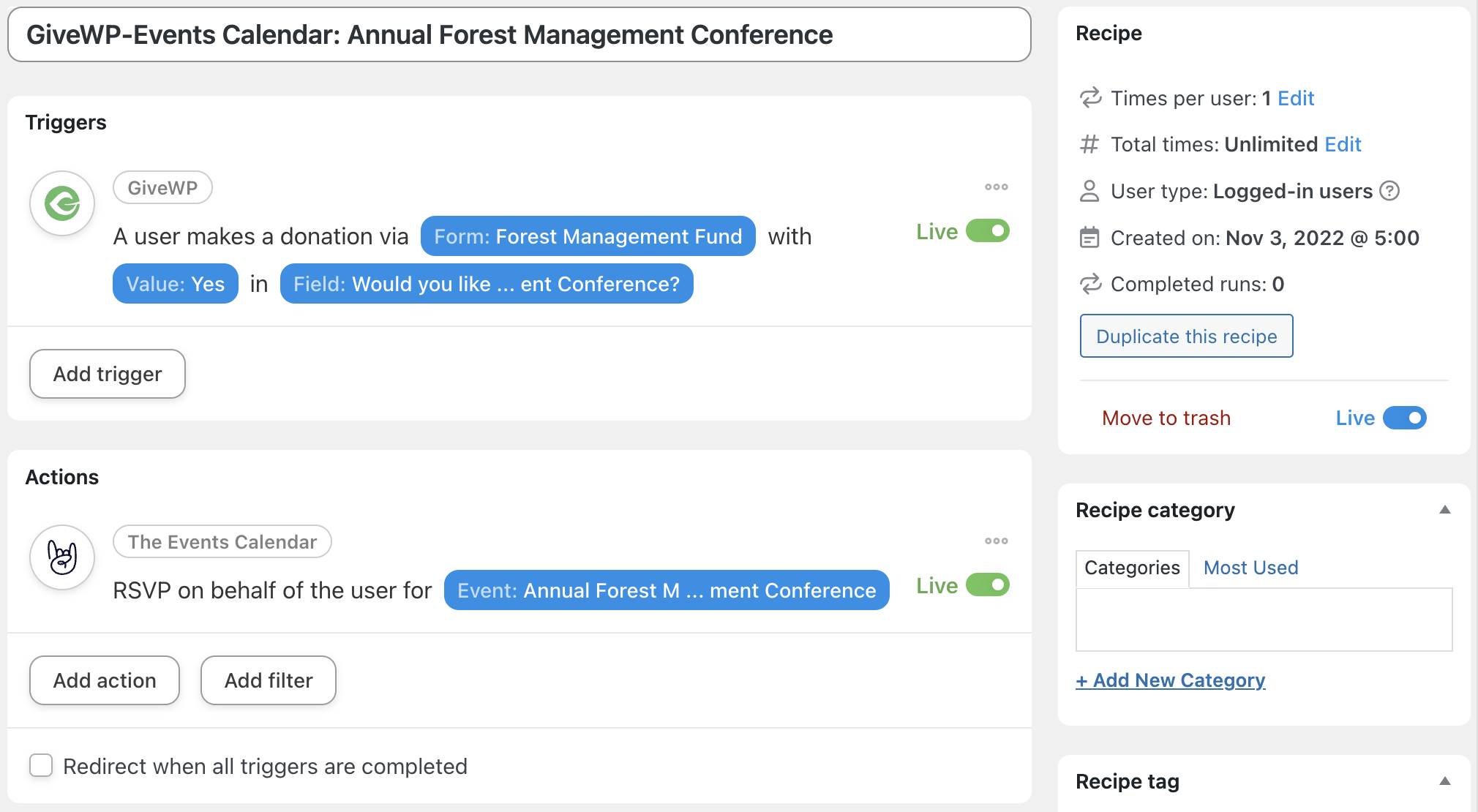 Automator GiveWP The Events Calendar Recipe Live