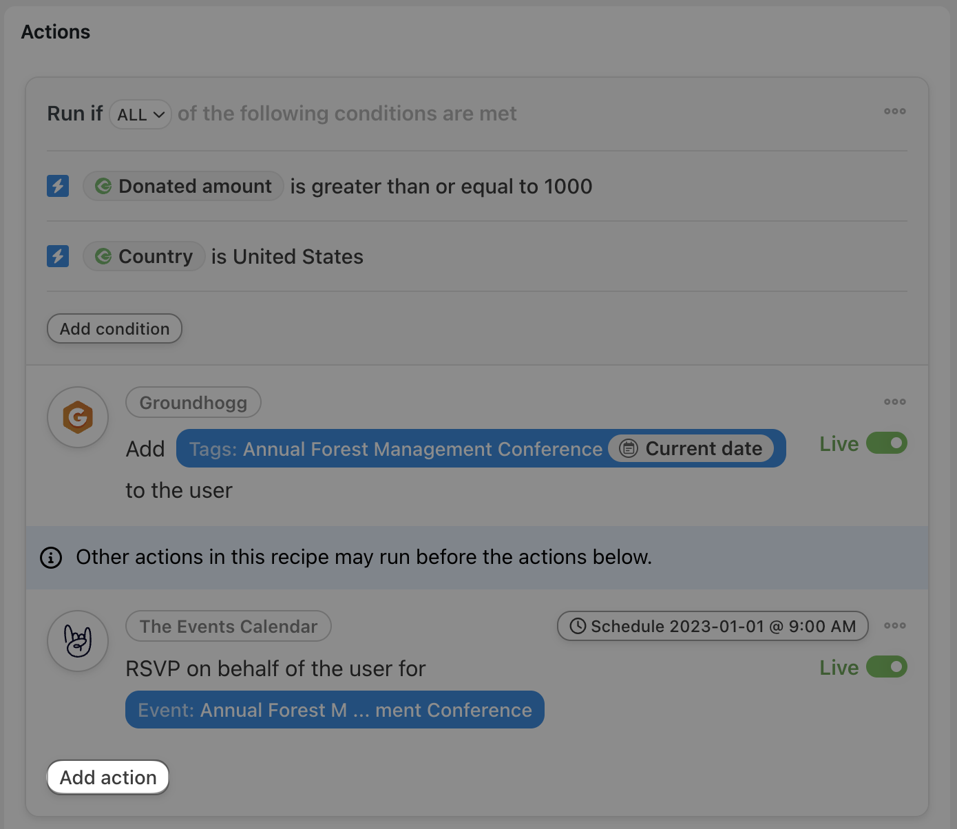 Automator Groundhogg The Events Calendar Action Filters Add Action