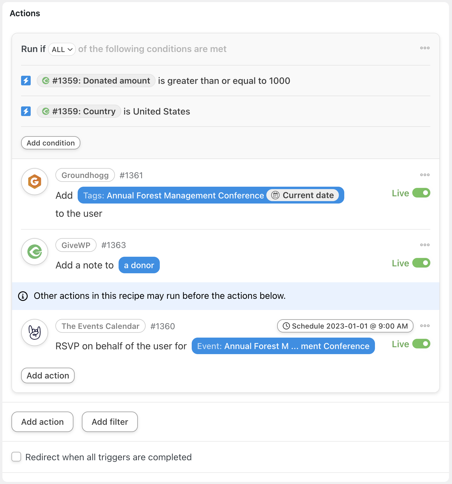 Automator Groundhogg The Events Calendar GiveWP Action Filters
