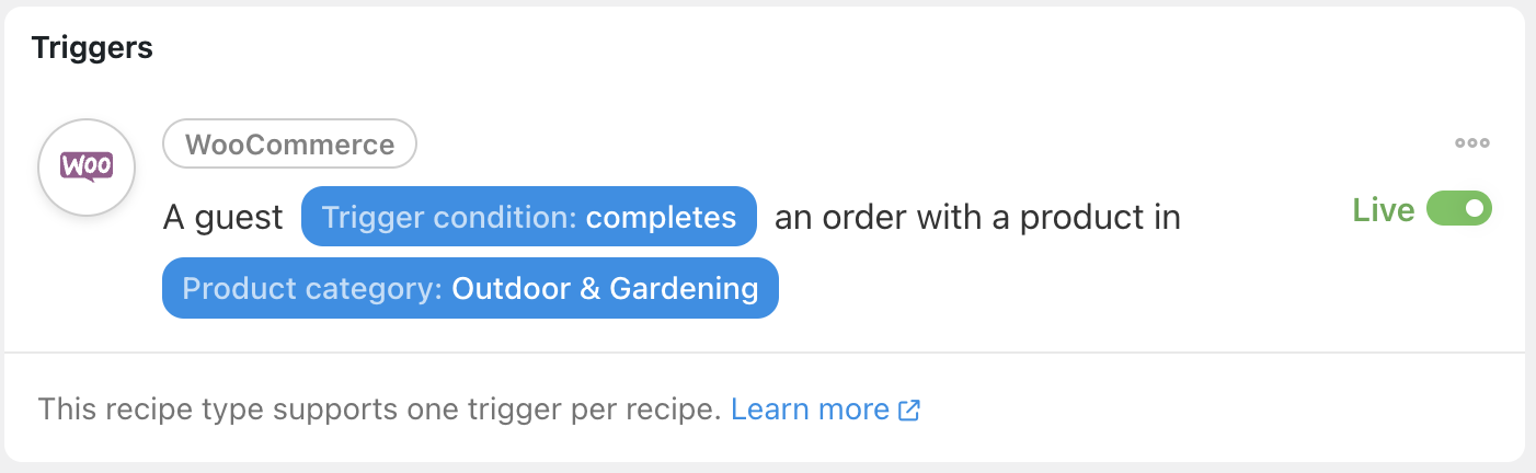 Automator WooCommerce Trigger A guest pays for, lands on a thank you page for... Live