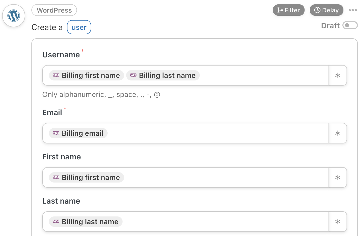 Automator WordPress Action Create a user Token