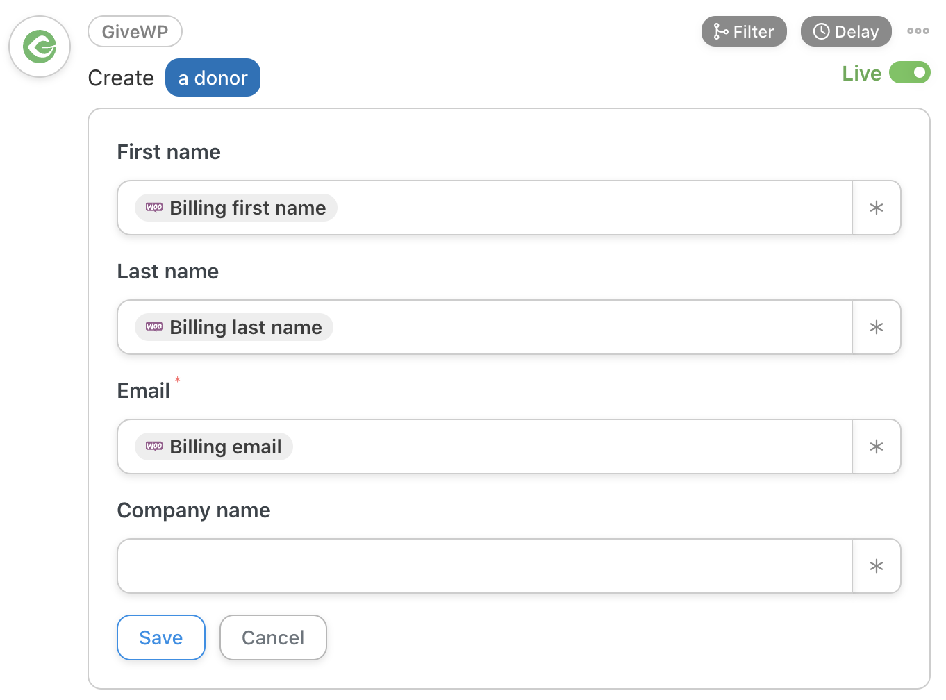 Automator GiveWP Action Create a donor Editor