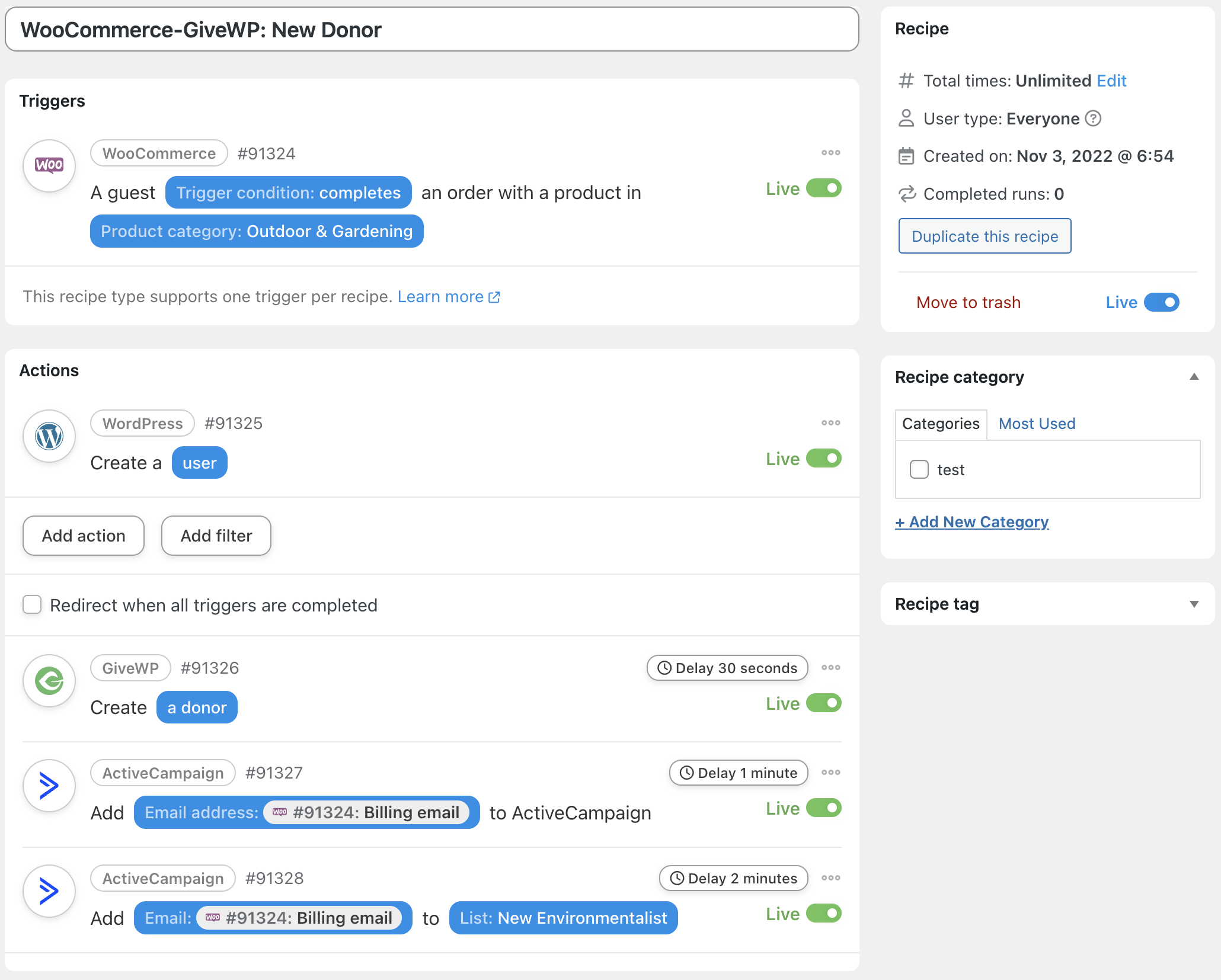 Automator GiveWP WordPress ActiveCampaign Recipe Live