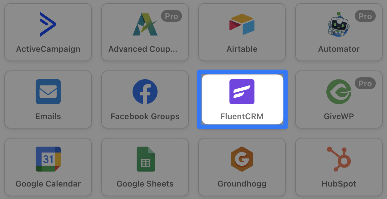 Automator Integrations Menu FluentCRM