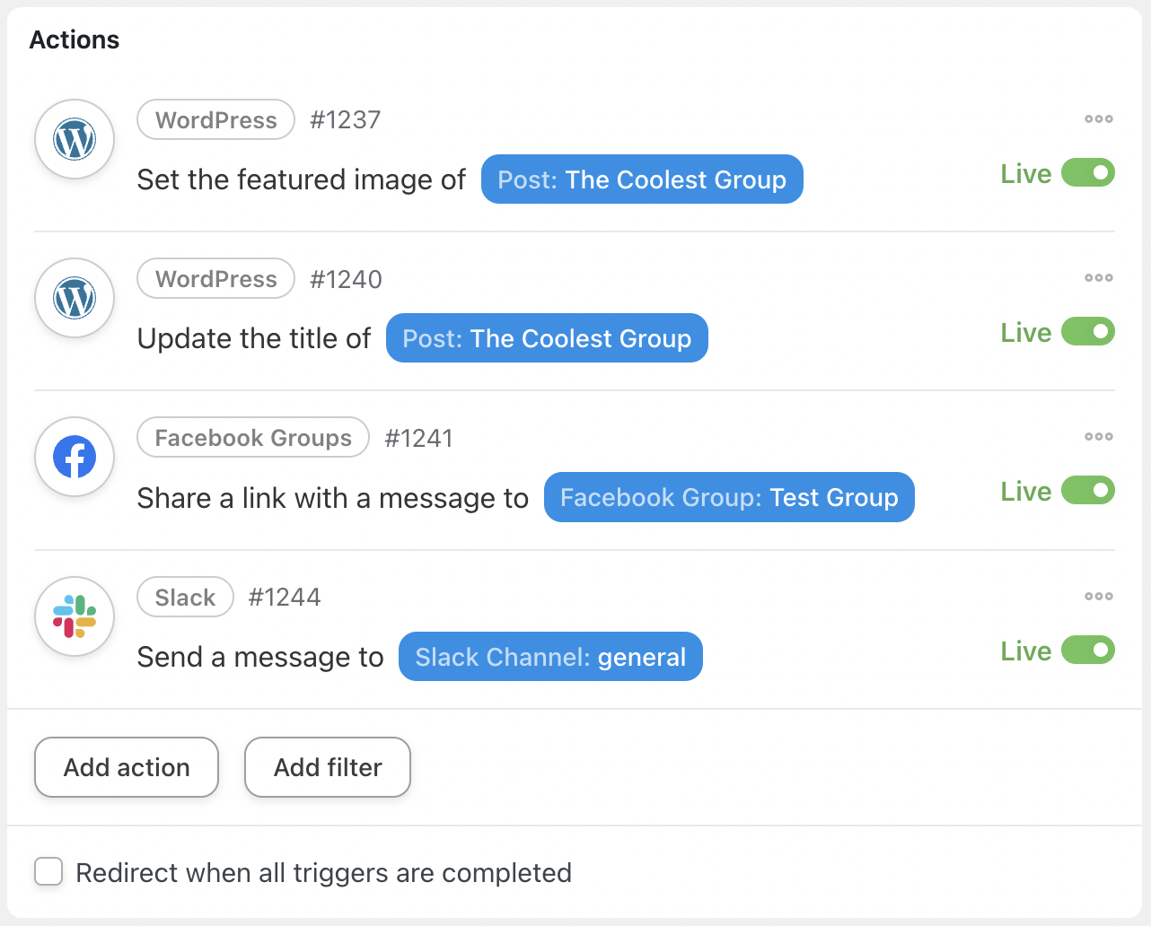 Automator WordPress Slack Facebook Actions