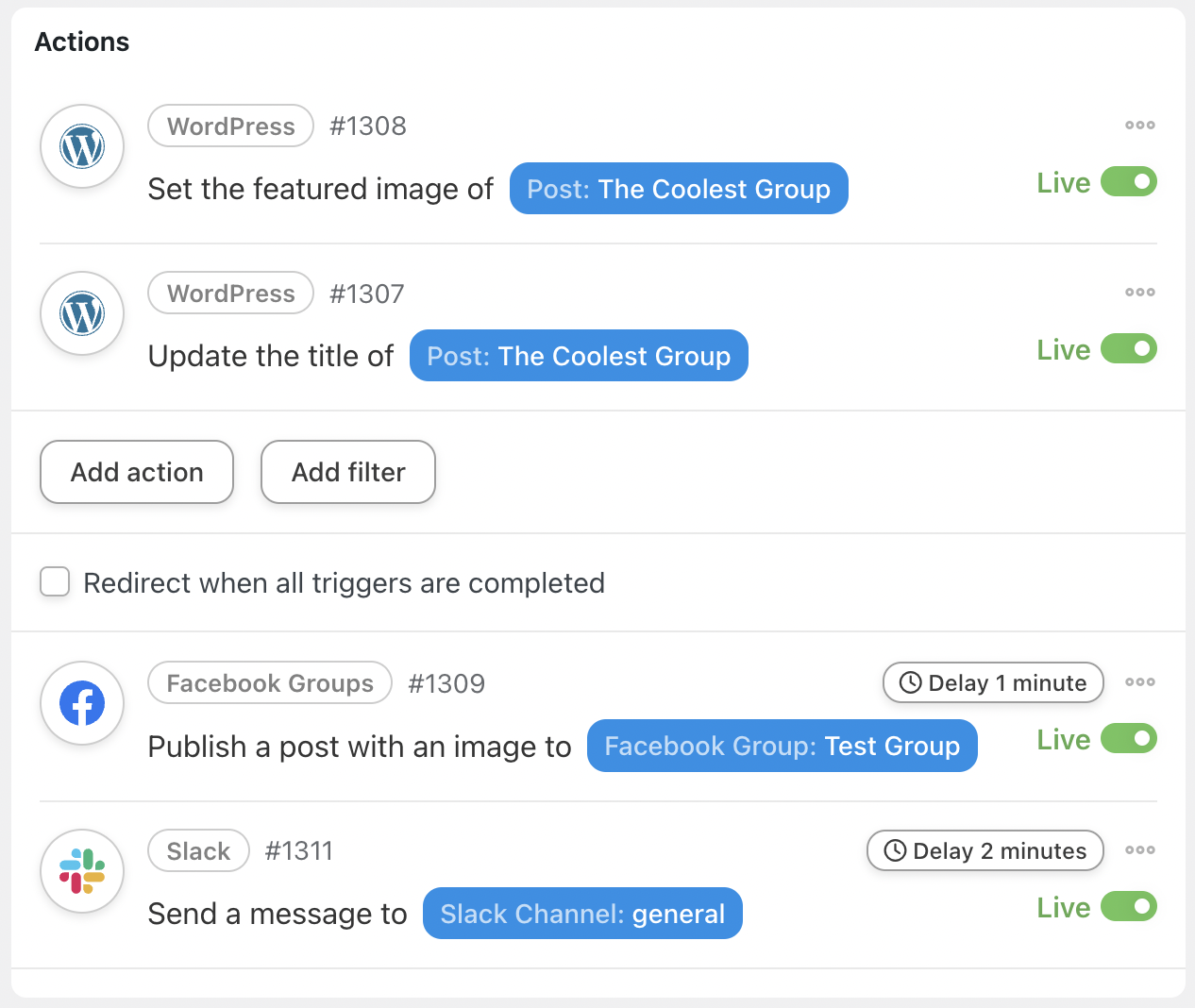 Automator WordPress Slack Facebook Actions Delay