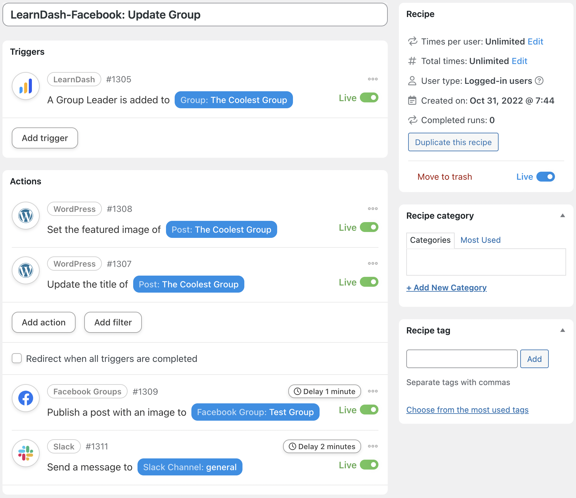 Automator LearnDash Facebook Recipe