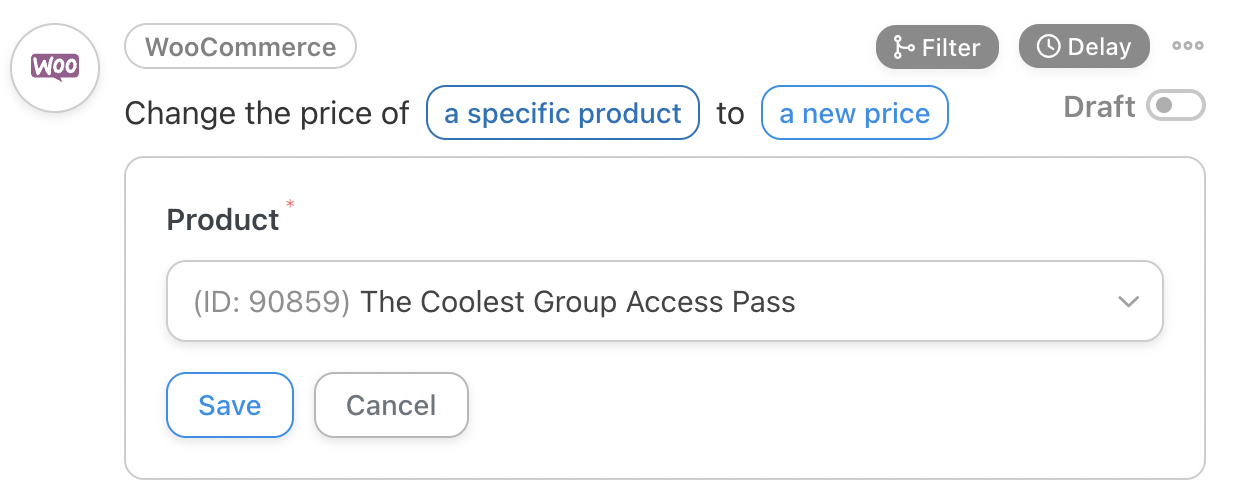 Automator WooCommerce Action Change the price of a specific product to a new price Editor