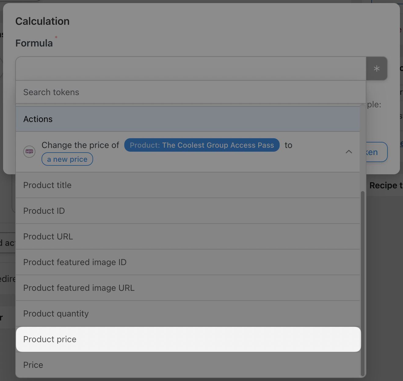 Automator WooCommerce Action Change the price of a specific product to a new price Calculation token