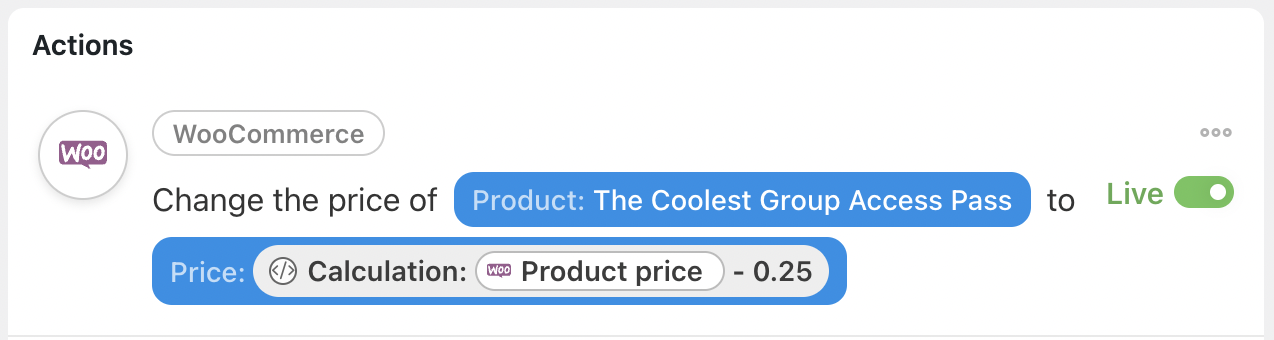 Automator WooCommerce Action Change the price of a specific product to a new price Live