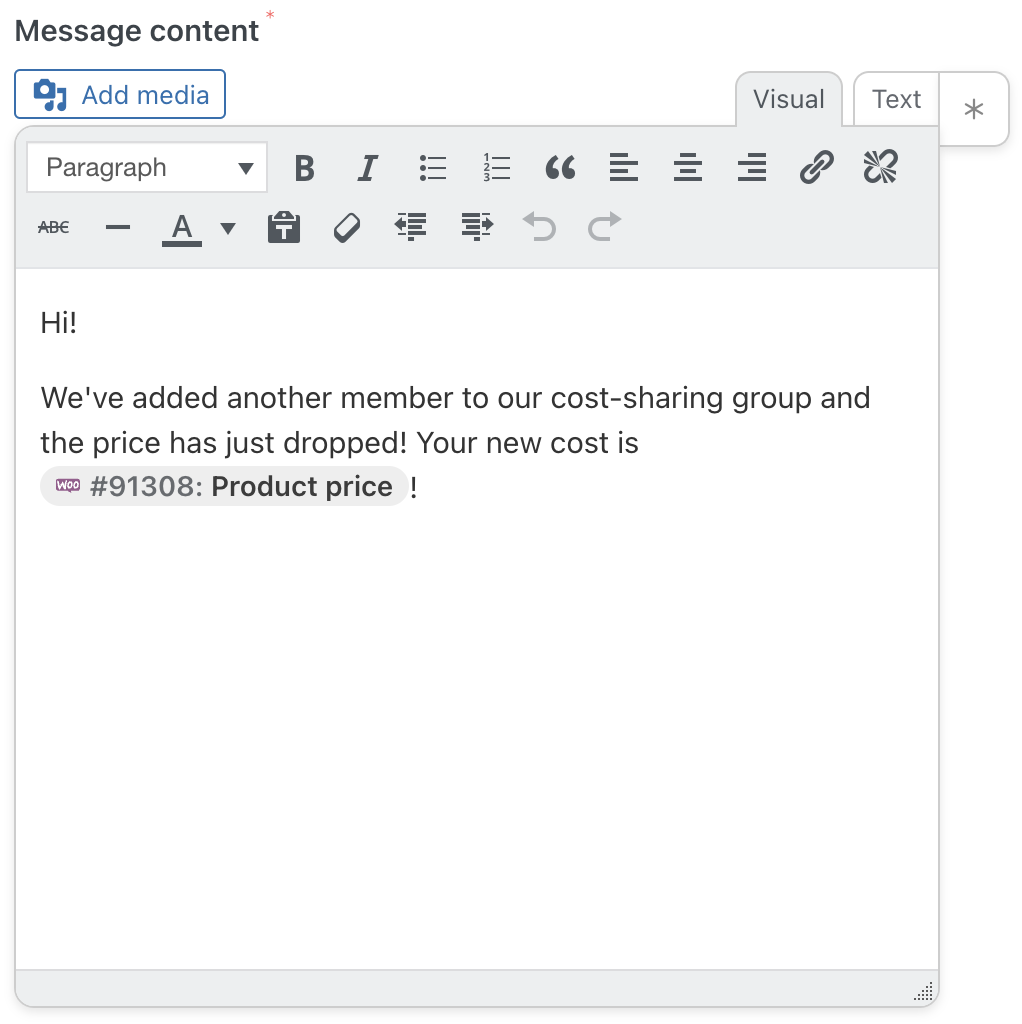 Automator WooCommerce Action Change the price of a specific product to a new price Message Editor