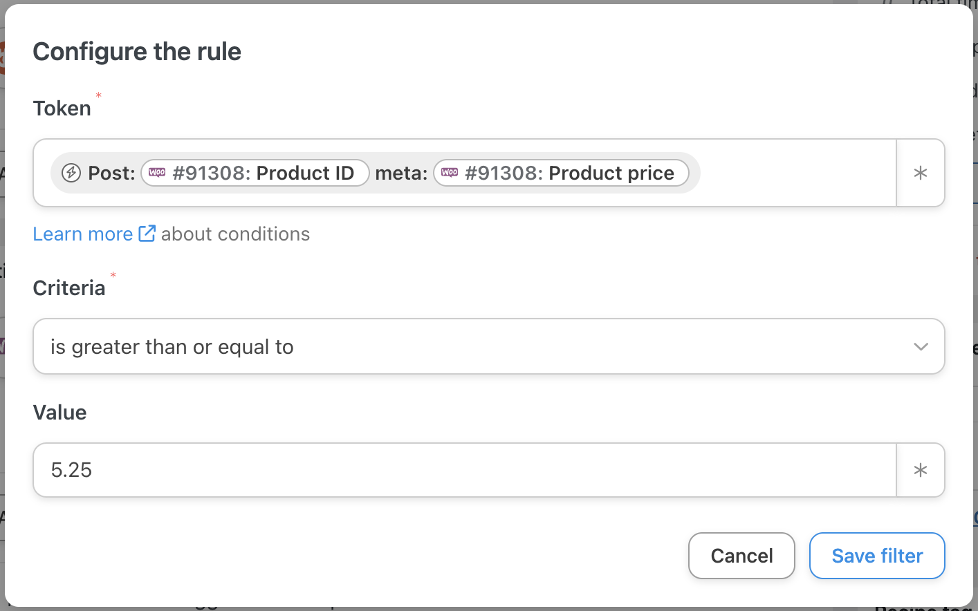 Automator WooCommerce Action Filter Configure the rule window