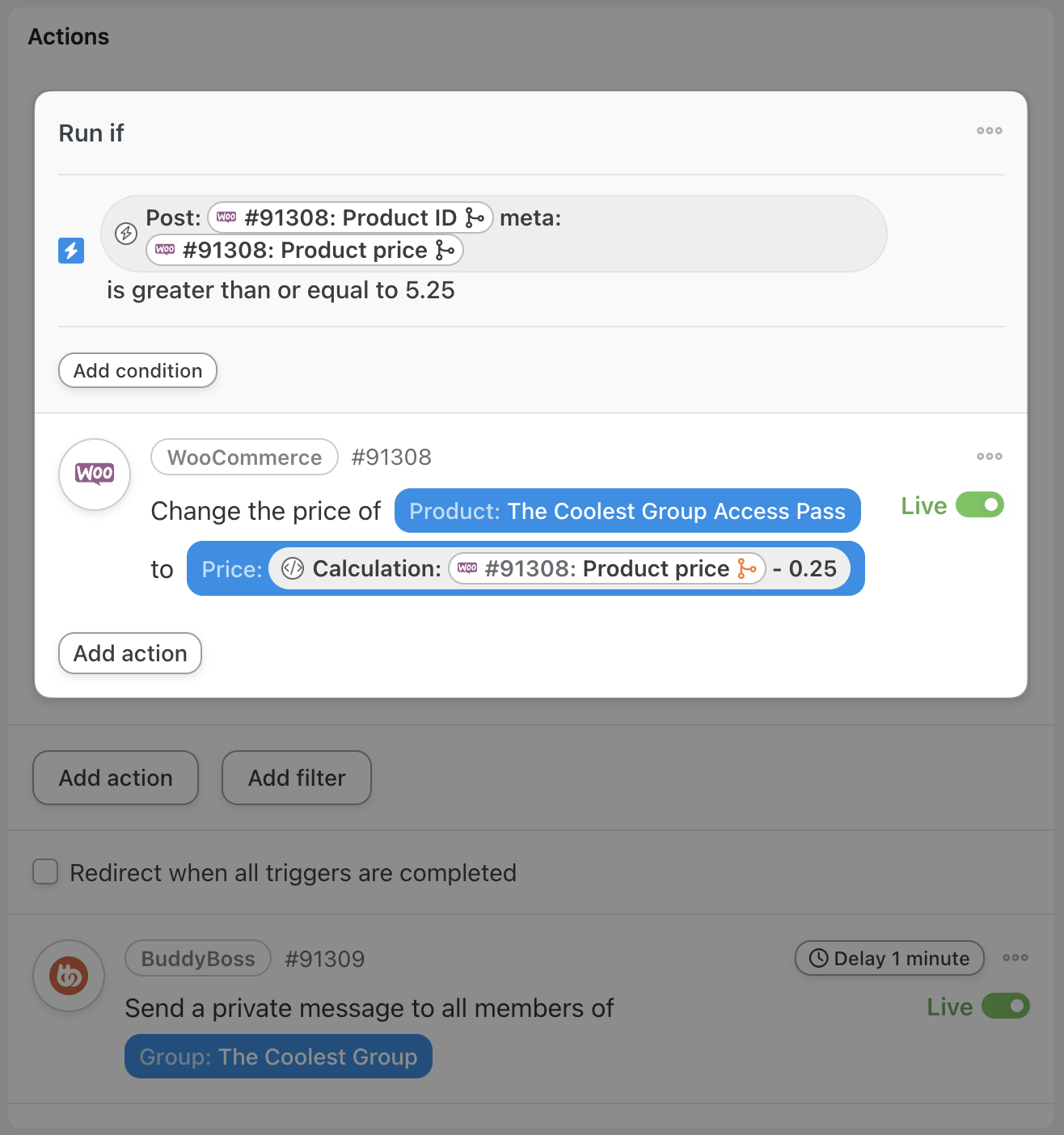 Automator WooCommerce Action Filter Conditions Live