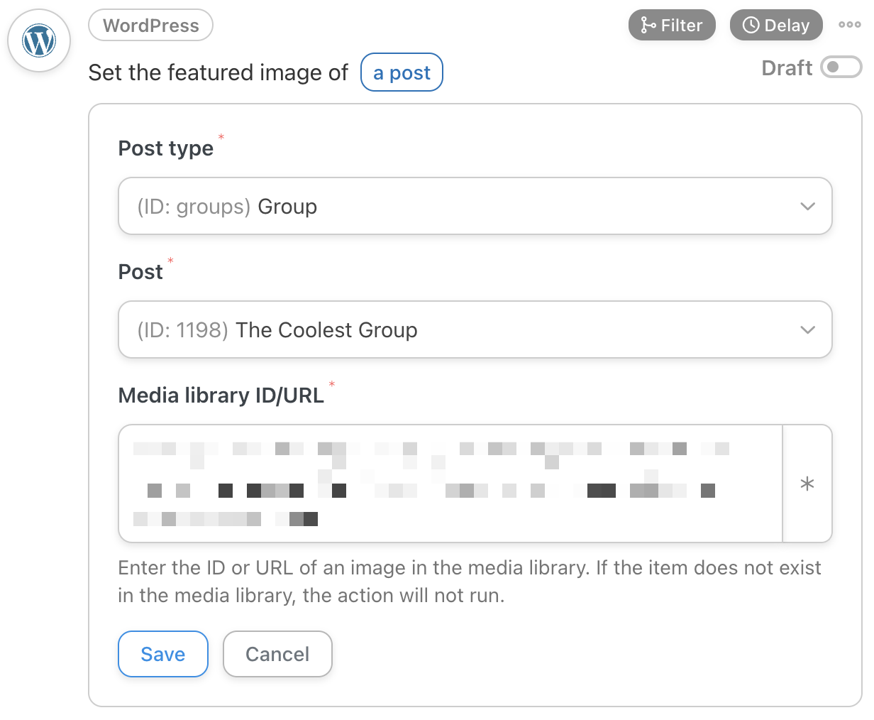 Automator WordPress Action Set the featured image of a post Editor