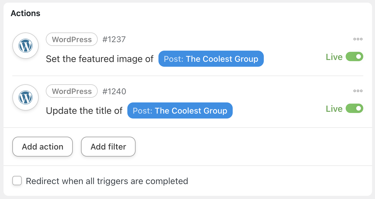 Automator WordPress Actions Live
