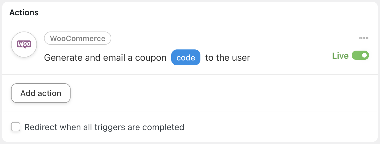 Automator WooCommerce Action Generate and email a coupon code to the user Live