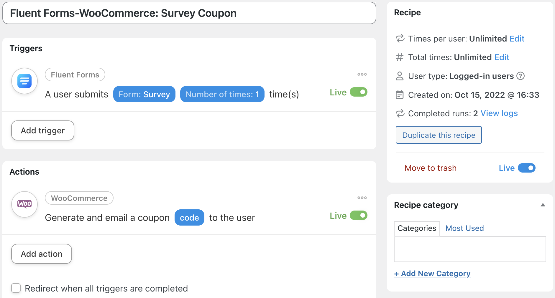 Automator Fluent Forms WooCommerce Recipe Live