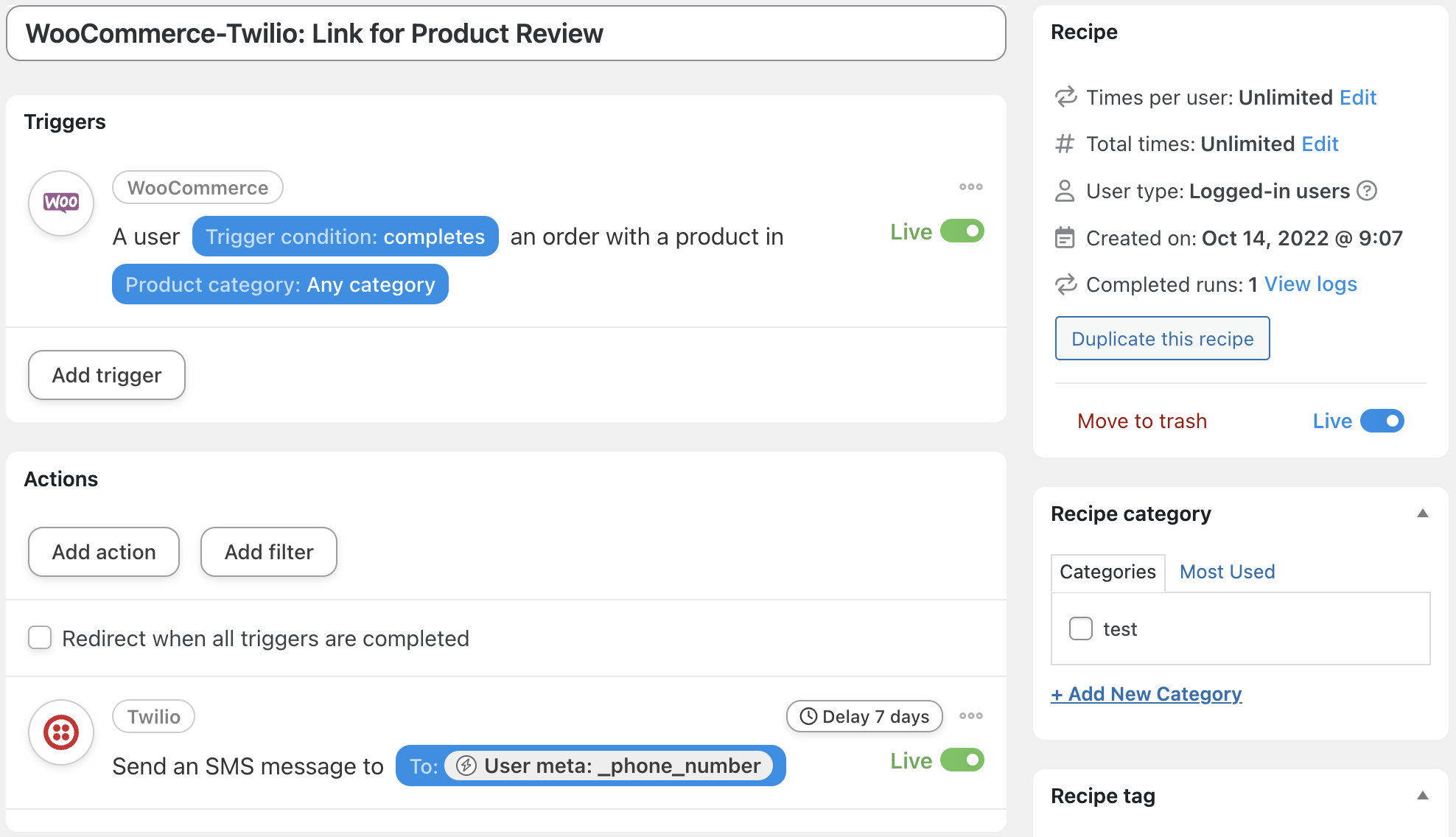 Automator WooCommerce Twilio Recipe Live