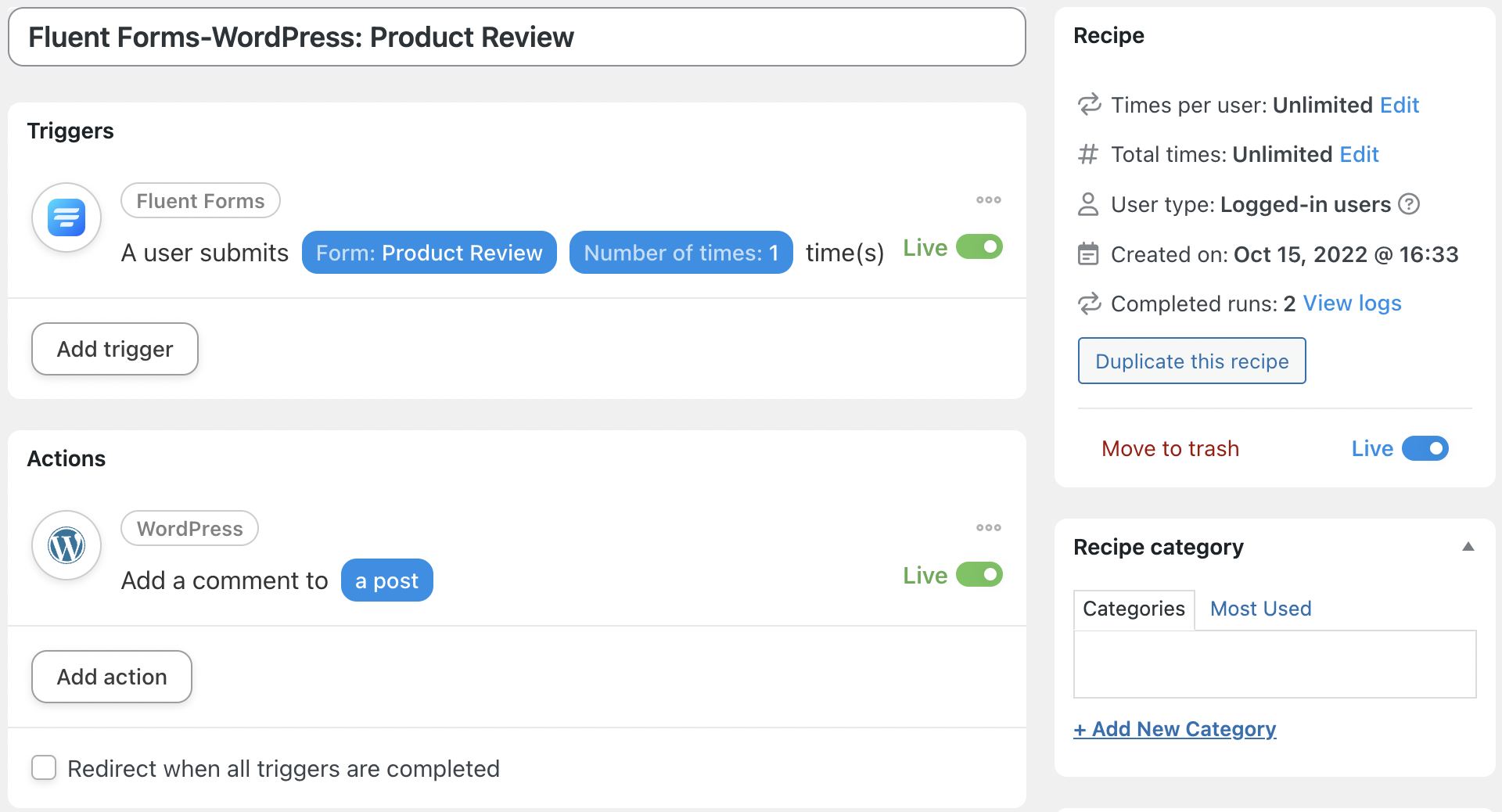 Automator Fluent Forms WordPress Recipe Live