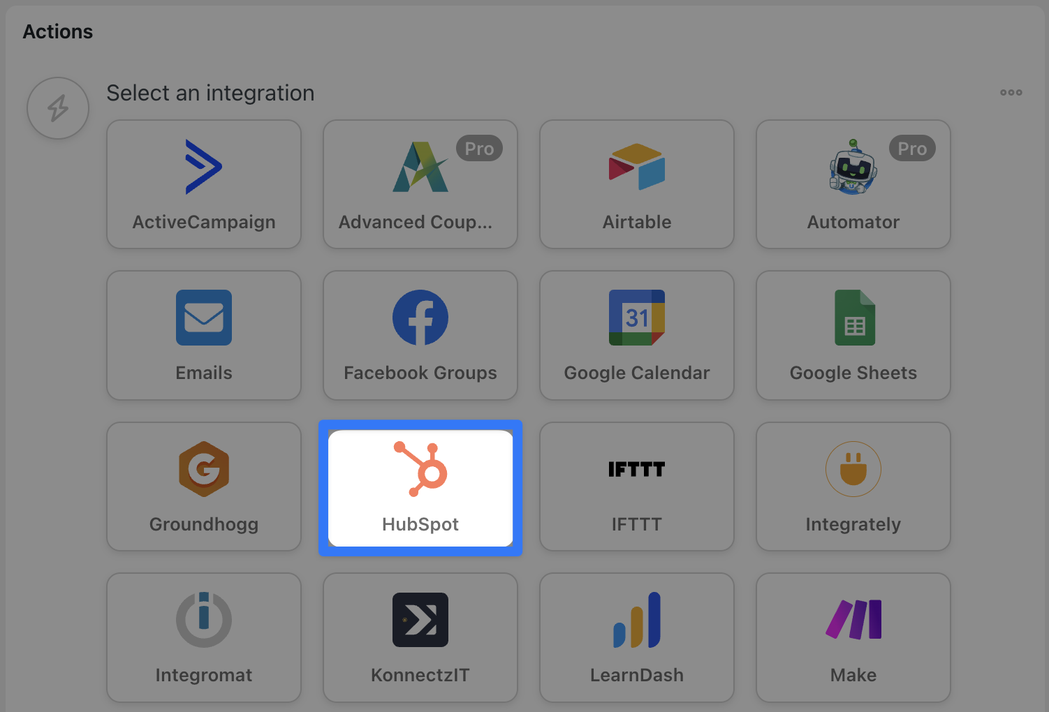 Automator Action Integration Menu HubSpot