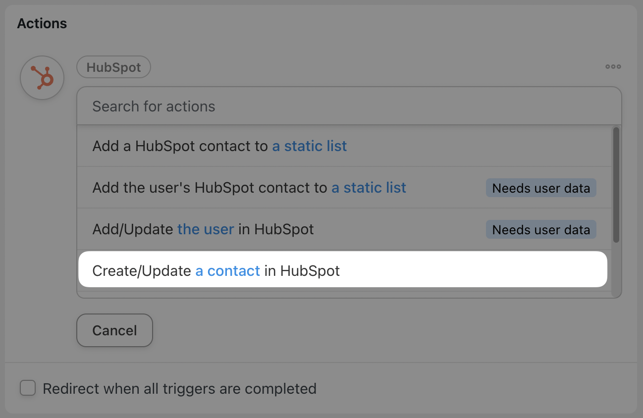 Automator HubSpot Action Create/Update a contact in HubSpot