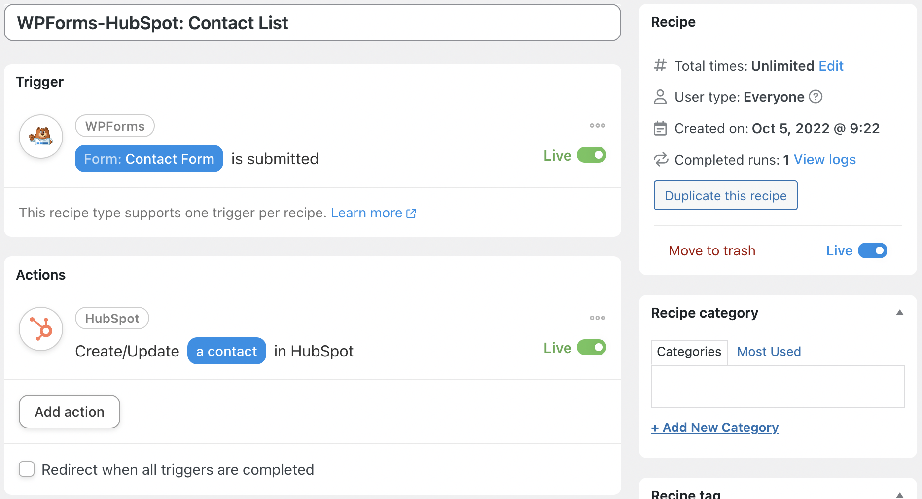 Automator WPForms HubSpot Recipe Live