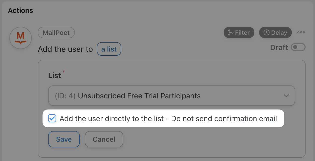 Automator MailPoet Action Add the user to a list checkbox