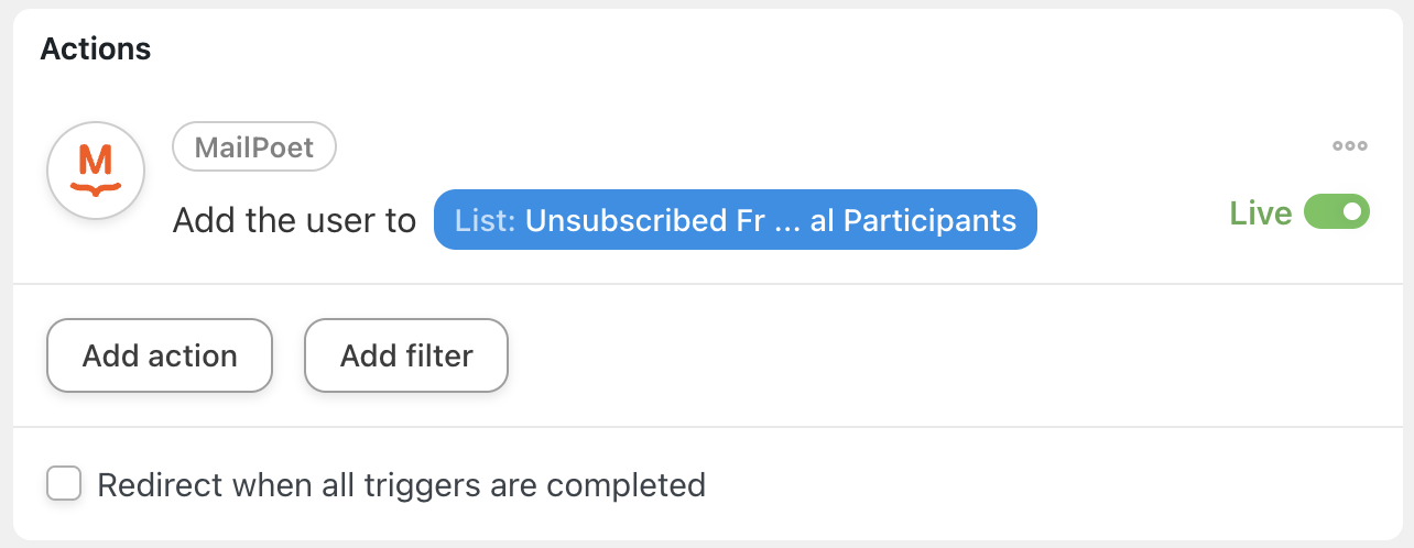 Automator MailPoet Action Add the user to a list Live