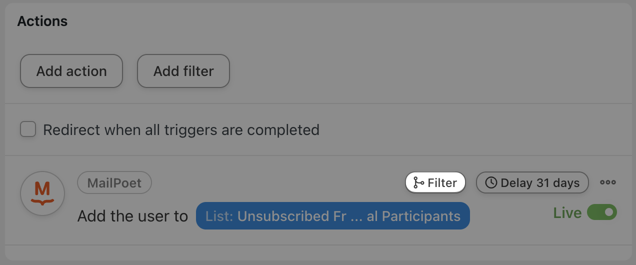 Automator MailPoet Action Add the user to a list Filter