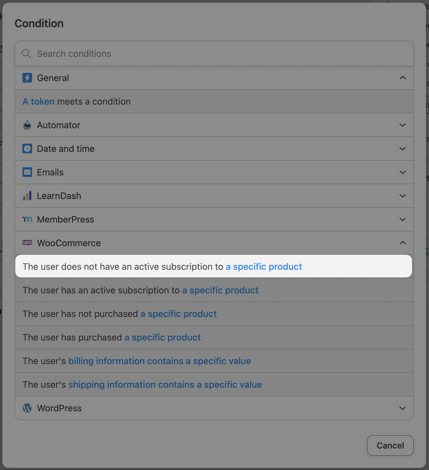 Automator MailPoet Action Add the user to a list Condition Editor