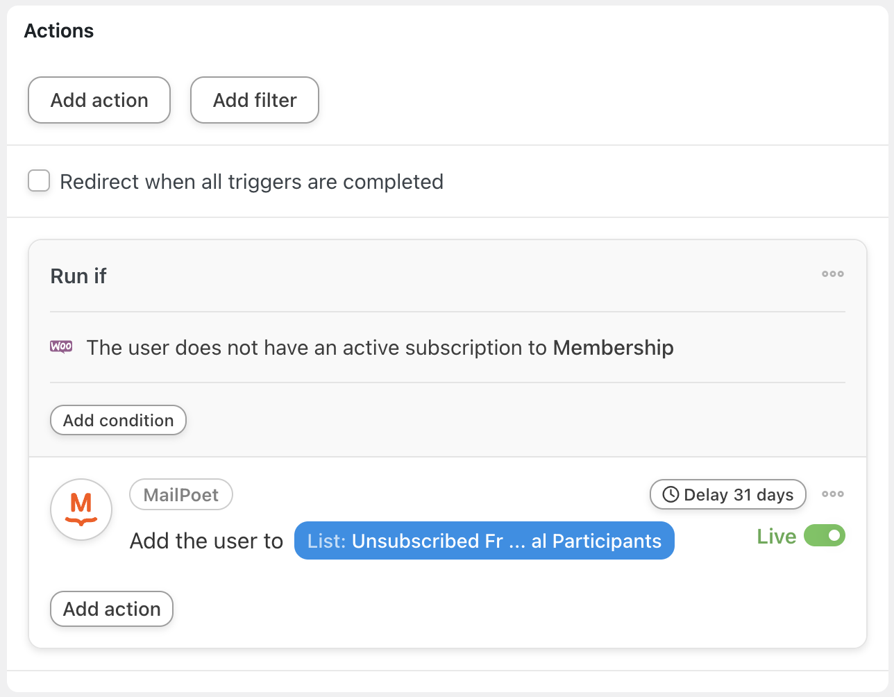 Automator MailPoet Action Add the user to a list Delay and Filter