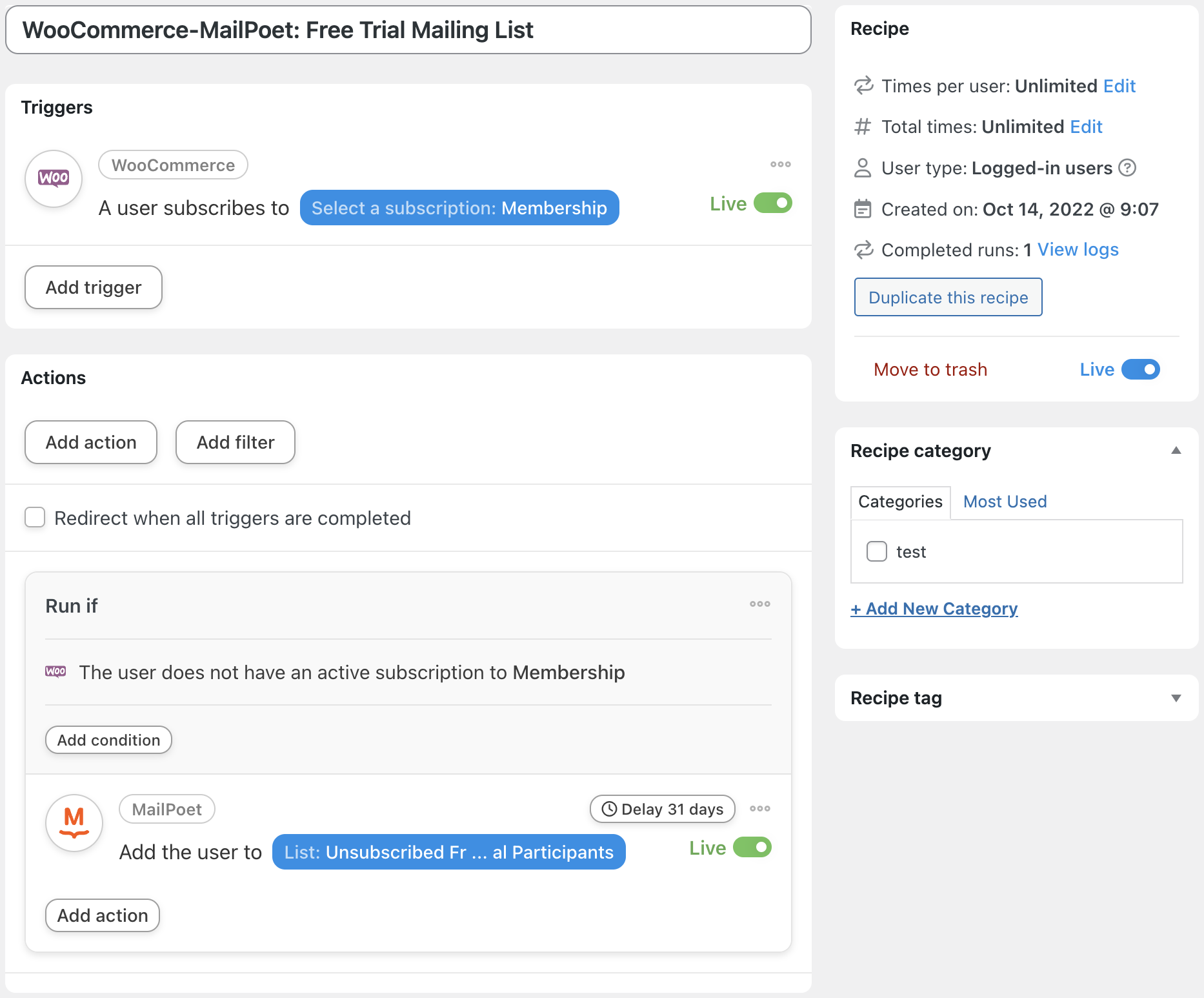 Automator WooCommerce MailPoet Recipe Live