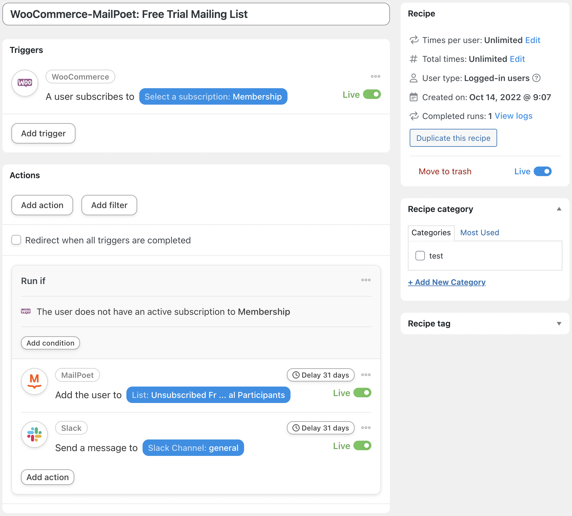 Automator WooCommerce MailPoet Slack Recipe Live