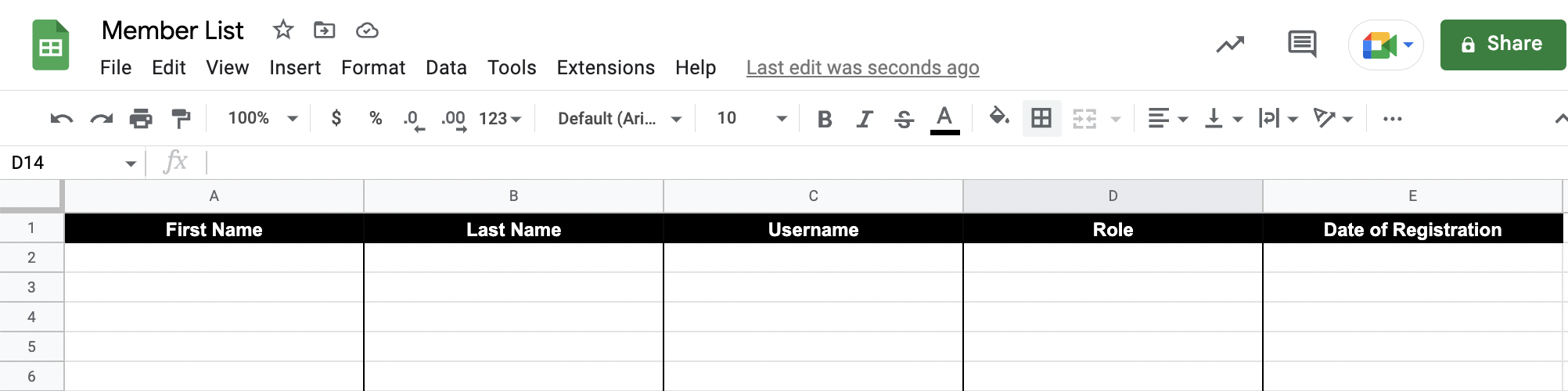 Google Sheets Column Titles