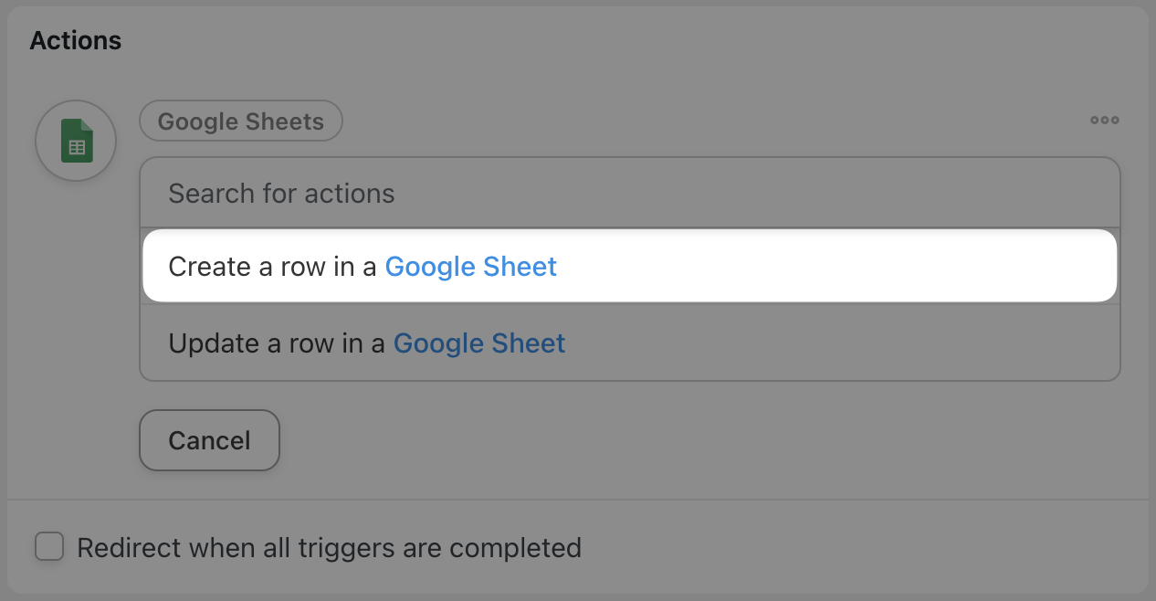 Automator Google Sheets Action Create a row in a Google Sheet