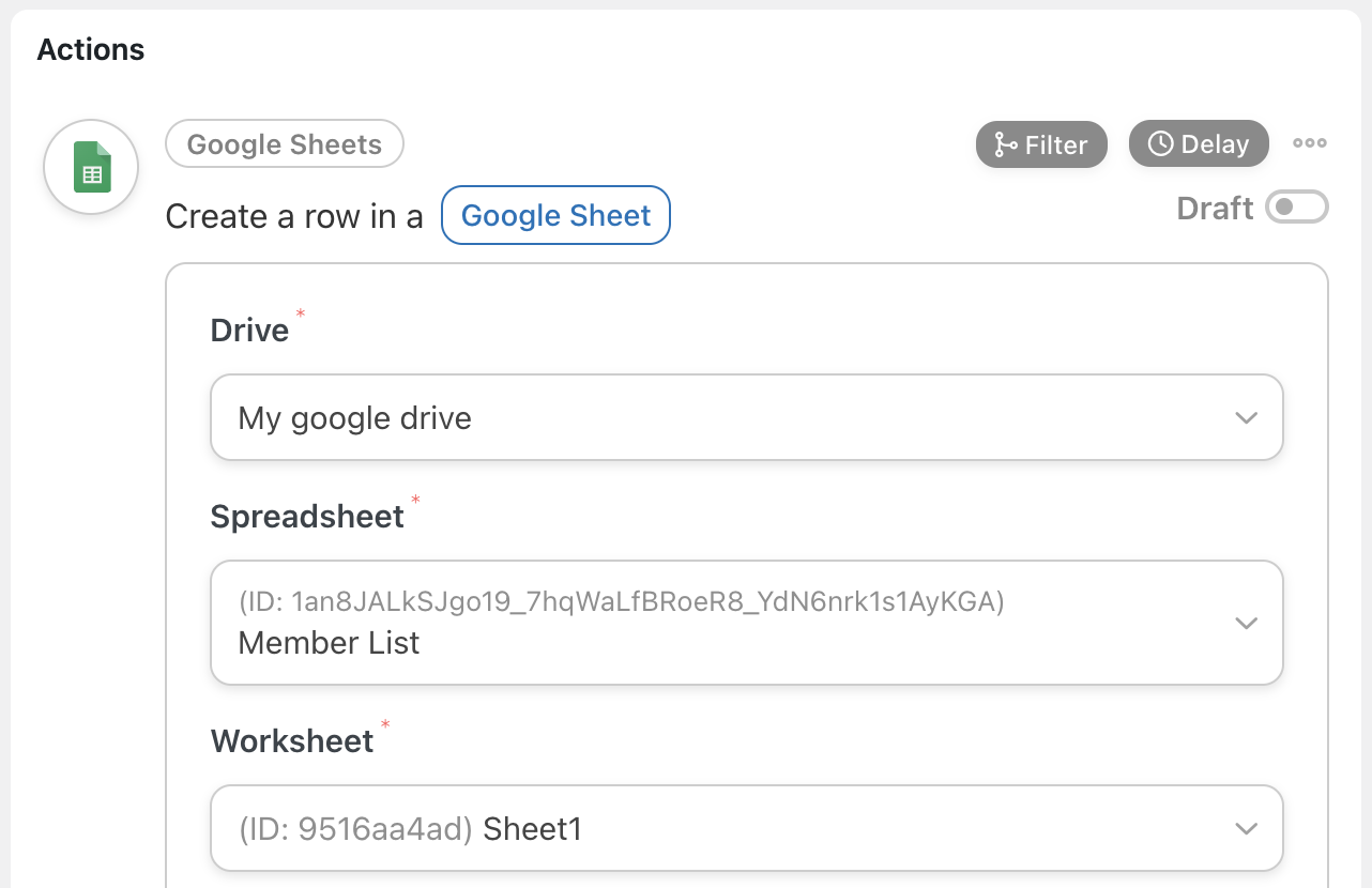 Automator Google Sheets Action Create a row in a Google Sheet fields